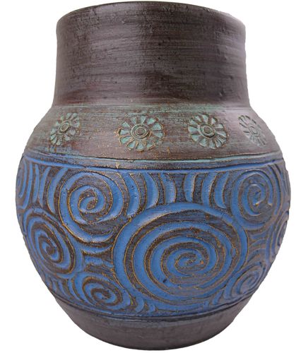 Tonvase Blumenvase aus Ton 30 cm Handarbeit Dekoration Zubehör Türkisblau gold P-11