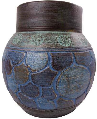 Tonvase Blumenvase aus Ton 30 cm Handarbeit Dekoration Zubehör Türkisblau gold P-9