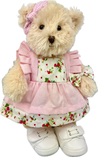 Teddybär kuschelig "Zeira Bär" in beige mit Rosadress Schuhe 30 cm
